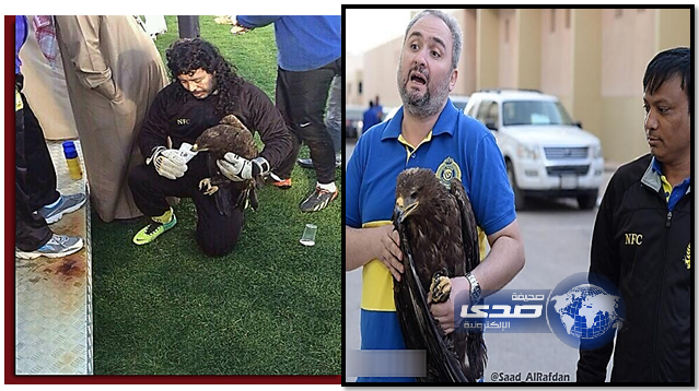 ” نسر” داخل نادي النصر ومدرب حراسة النصر يكرمه بالماء