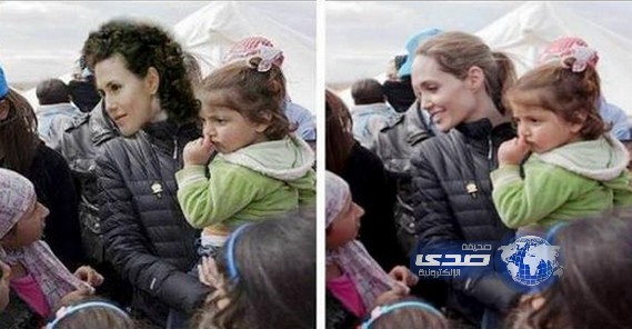 مؤيدون لبشار يفبركون صورة لأسماء الأسد و هي تزور مخيماً للاجئين في حمص