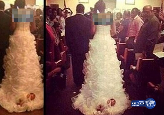 صورة : أم تربط رضيعتها في ذيل الفستان لحظة زفافها !!