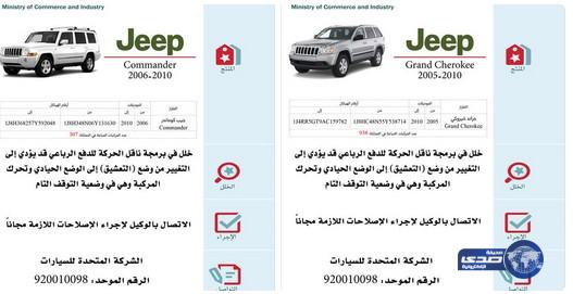 استدعاء سيارات حيب”جراند شيروكي” و”كوماندر” لخلل في القير