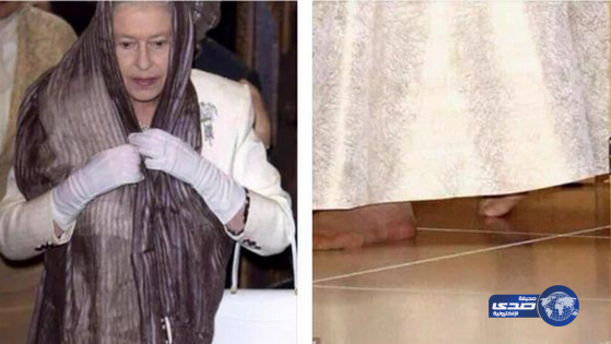 ملكة بريطانيا تضع الحجاب وتخلع حذائها عند دخولها لمسجد المسلمين في بريطانيا..