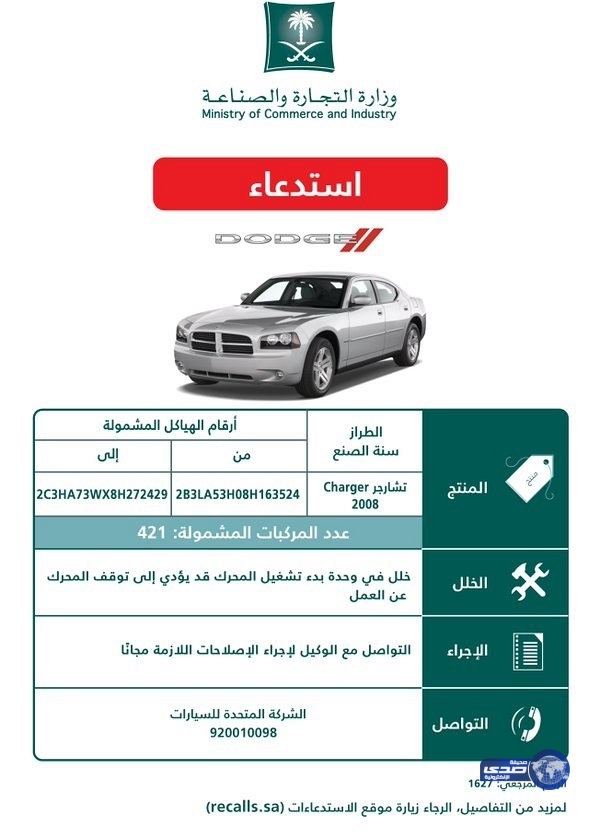 «التجارة» تستدعي كرايسلر وتشارجر وجراند شيروكي لخلل بالمحرك‎