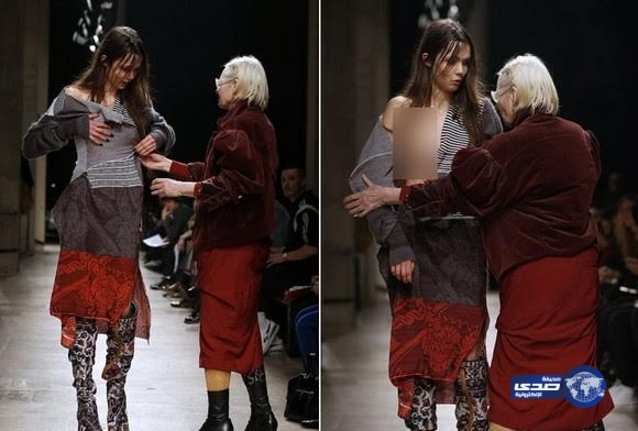 صور.. انزلاق ملابس عارضة في عرض بباريس ومصممة الأزياء تنقذ الموقف