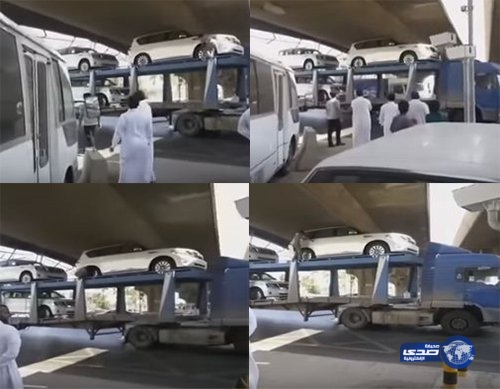بالفيديو .. شاحنة محملة بسيارات نيسان باترول 2016 تصطدم بسقف كوبري في جدة