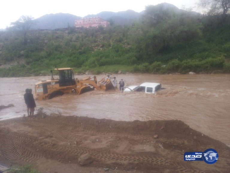 بالصور : غرق سيارتين جرفتهما السيول فى الريث
