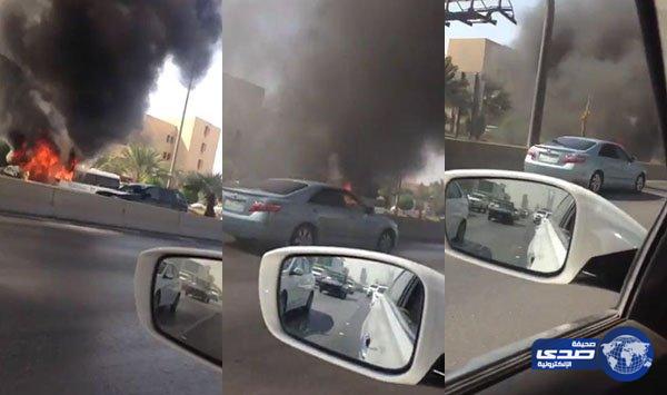 بالفيديو.. النيران تلتهم باص مستشفى على طريق الملك فهد بالرياض