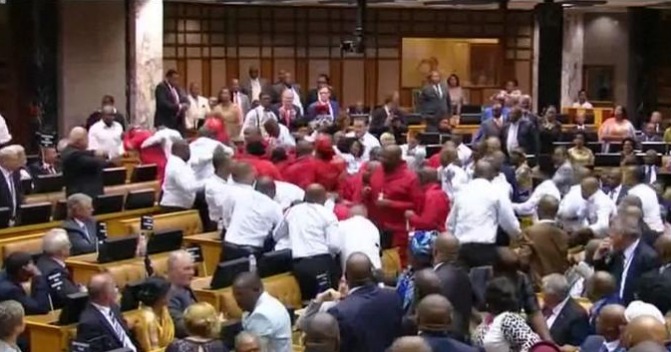 بالفيديو.. معركة عنيفة في برلمان جنوب إفريقيا بسبب زوما