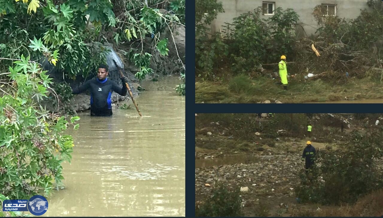 بالصور.. مدني عسير يواصلون البحث عن مفقود جرفته السيول