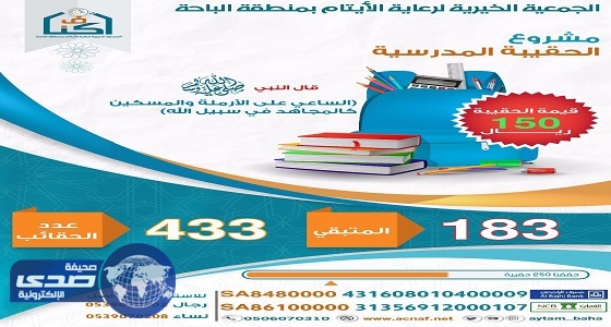 جمعية &#8221; أكناف &#8221; بالباحة تطلق مشروع الحقيبة المدرسية لـ 433 يتيماً