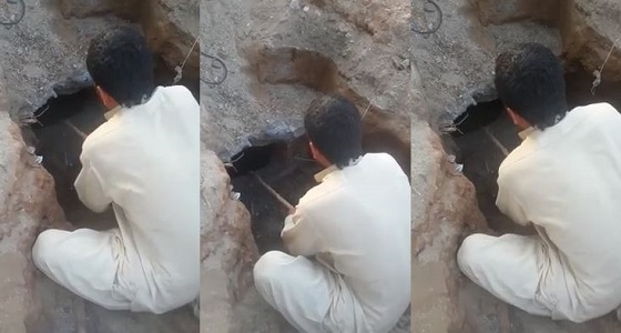 بالفيديو .. مواطن ينقذ جرو سقط في حفرة بصامطة