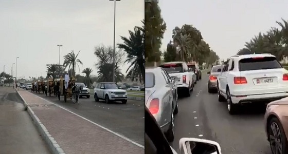 بالفيديو..قوافل سيارات وطوابير من الهدايا جهازعروس الشيخ حمدان بن مبارك