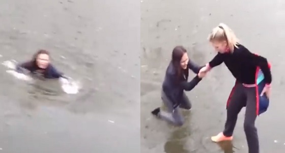 بالفيديو.. سقوط مروع لفتاة حسناء في بحيرة جليدية