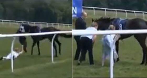 بالفيديو.. مراسلة تمسك بحصان جامح خلال سباق للخيول