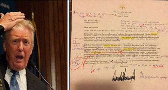 بعد إرساله خطابا لها.. معلمة أمريكية تصحح الأخطاء الإملائية برسالة ” ترامب “