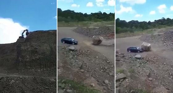 بالفيديو .. قائد مركبة يدق بوري بدلا من الهروب بعدما سقطت صخره كبيرة باتجاهه