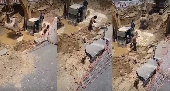 بالفيديو.. ” بوكلين ” تغوص في مياه ظهرت فجأة ونجاة قائدها