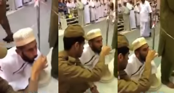 بالفيديو.. رجل أمن بالمسجد النبوي يساعد معتمر مبتور اليدين على الشرب