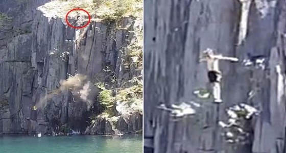 بالفيديو.. نجاة شخص بأعجوبة رغم انهيار الصخور عليه أثناء السباحة