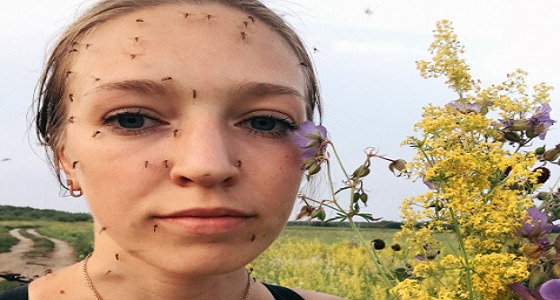 صورة لفتاة تترك وجهها ورقبتها لعشرات من البعوض