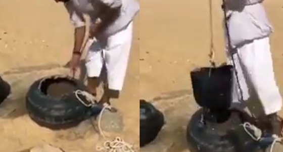 بالفيديو.. مواطن يستخرج مياه من آبار الوقبا القديمة بحفرالباطن