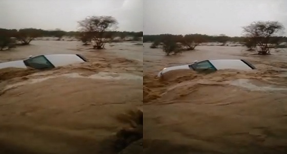 بالفيديو.. السيول الشديدة تجرف مركبة بوادي المغمس
