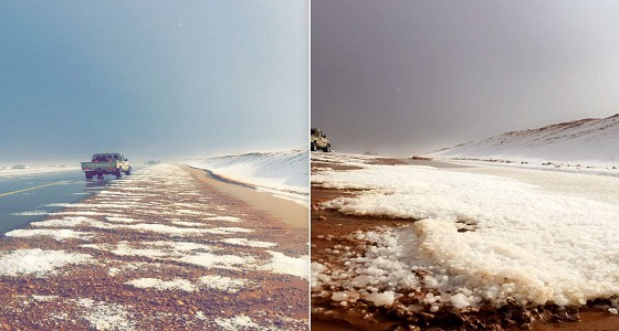 بالصور..لوحة فنية رائعة ترسمها البرد على طريق الجوف – حائل