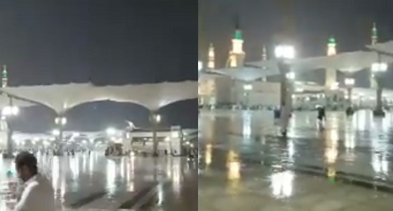 بالفيديو.. مشهد روحاني لرفع آذان المغرب في المسجد النبوي مع هطول الأمطار