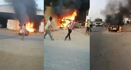 بالفيديو.. مواطن يسحب سيارة مشتعلة في أبوعريش
