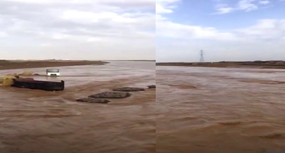 بالفيديو.. سيل يجرف شاحنات بتبوك
