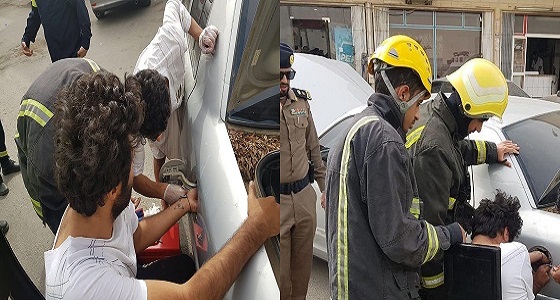 بالصور.. إنقاذ يد شخص احتجزت داخل فتحة خزان وقود سيارة بالرياض