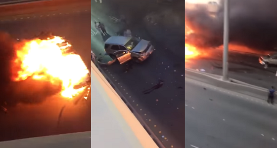 بالفيديو.. سقوط سيارة من أعلى كوبري على سيارة أخرى بـ &#8221; الرياض &#8220;