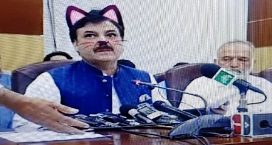 بالصور.. قطة على وجه وزير باكستاني أثناء بث مباشر لمؤتمر