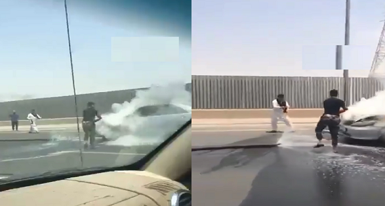 بالفيديو.. رجال الأمن يسيطرون على حريق نشب في سيارة بالرياض
