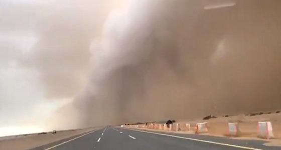مشهد مخيف لموجة غبار على الطريق الدولي بجازان (فيديو)