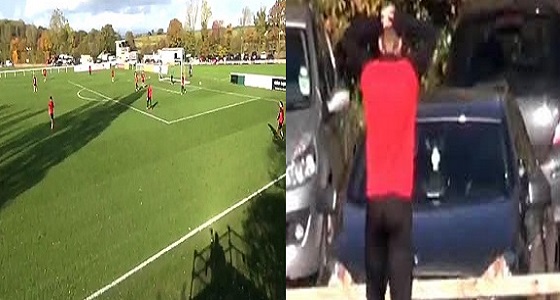 بالفيديو.. لاعب كرة قدم يحطم زجاج سيارته بركلة قوية من داخل الملعب