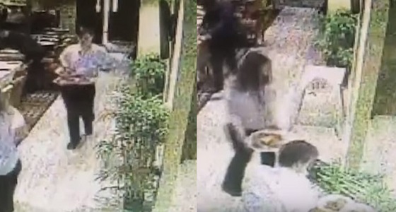 بالفيديو.. سقوط مروع لعامل مطعم يحمل الأطباق دون وقوعها