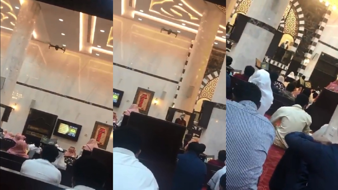 بالفيديو.. طائرة دوران تفحص المصلين بمسجد الجفالي في بيش