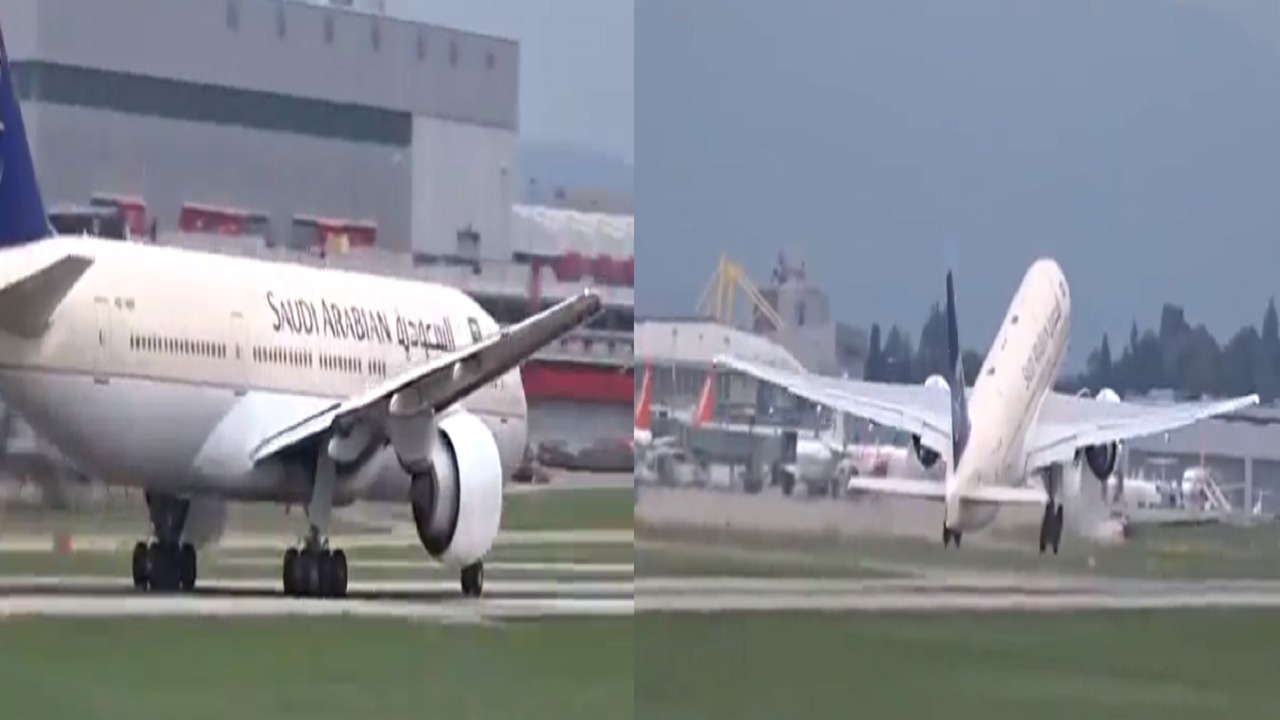 لحظة إقلاع طائرة الخطوط السعودية من مطار جنيف بالتزامن مع تعليق الرحلات (فيديو)