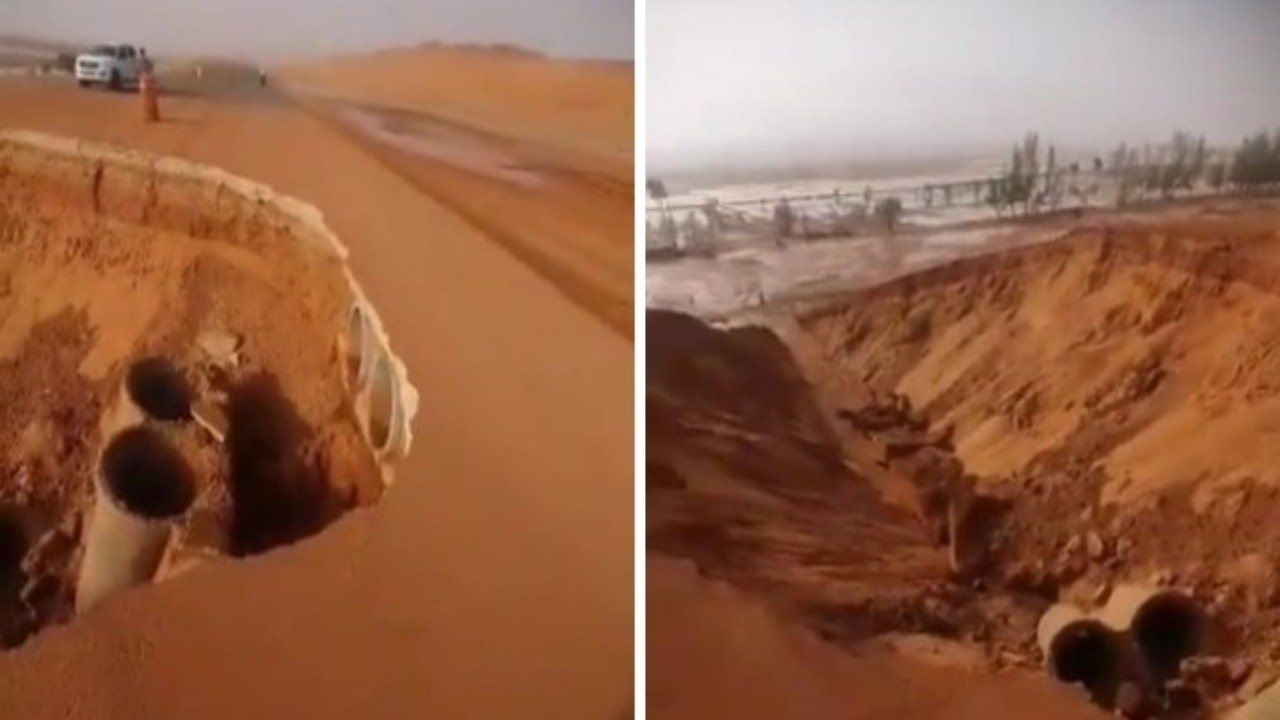 شاهد.. حفرة وانهيار على طريق «الرين – بيشة» بسبب جرف السيول