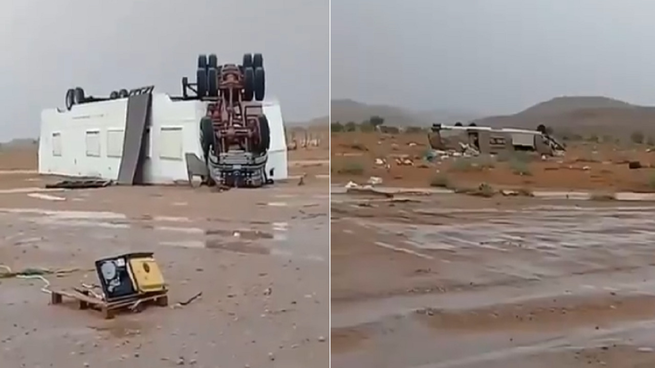 بالفيديو.. رياح تطيح بغرف متواجدة بين بريدة وحائل