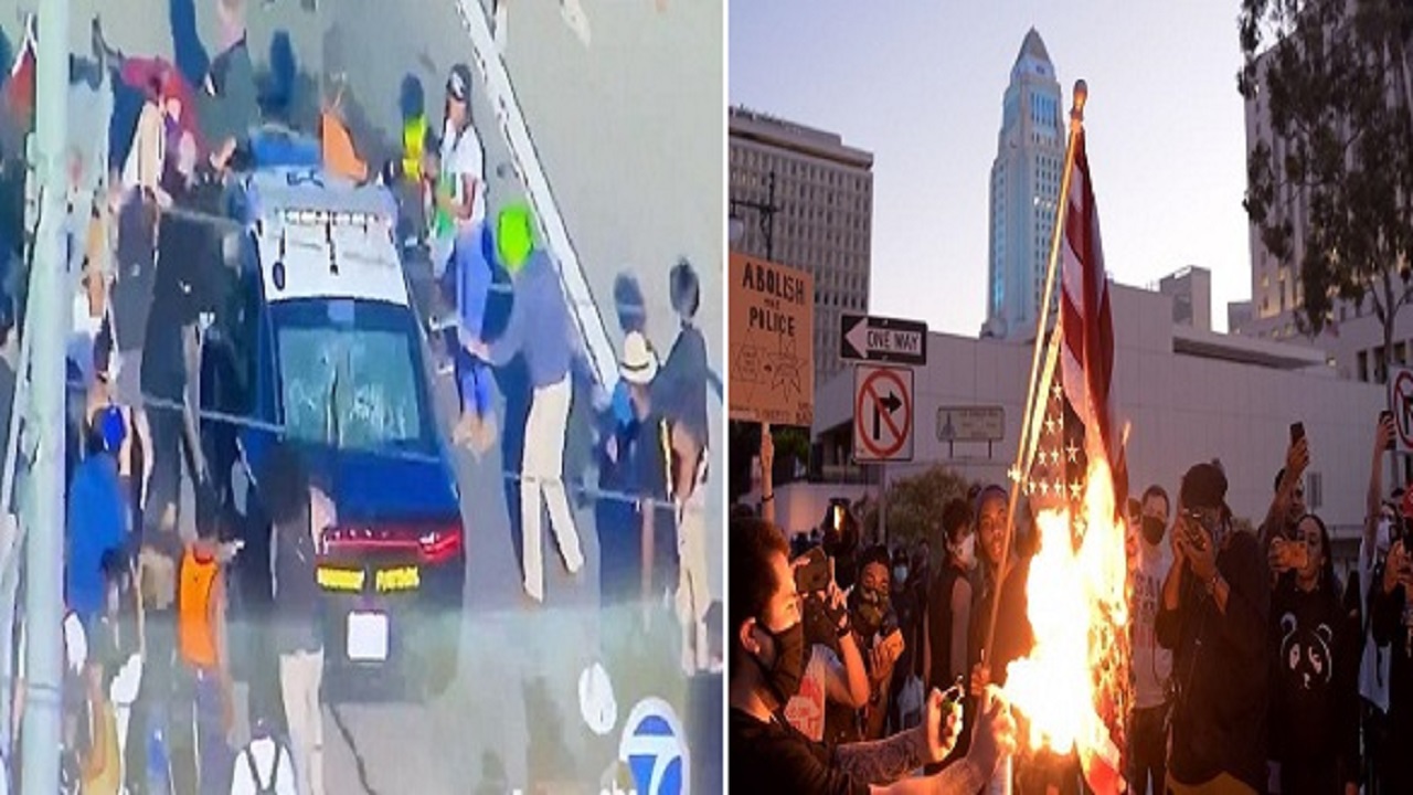 بالفيديو والصور ..أمريكيون يحرقون العلم في مظاهرات حاشدة بسبب &#8220;القتيل الأسود&#8221;