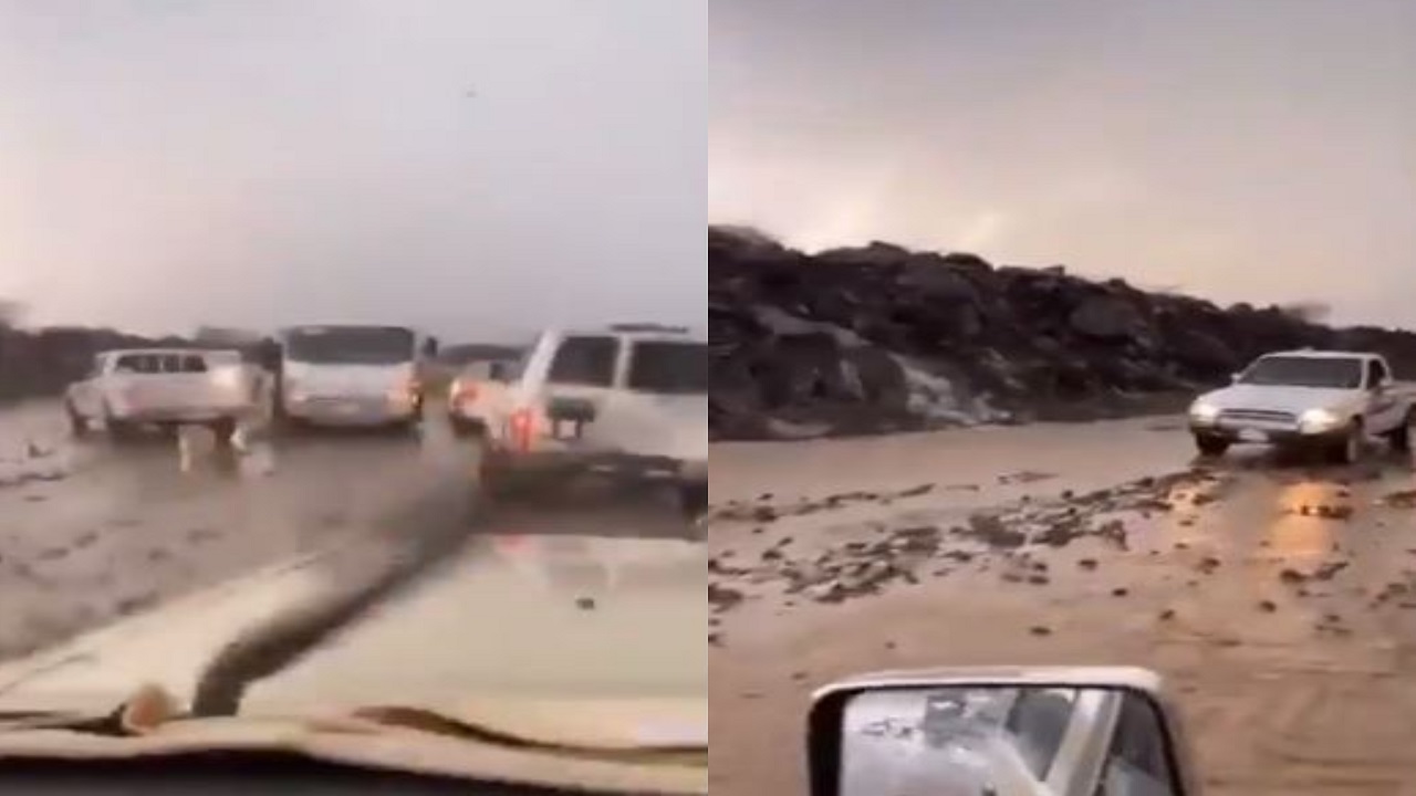 شاهد.. تكدس السيارات في طريق الحرة بسبب السيول شرق مكة