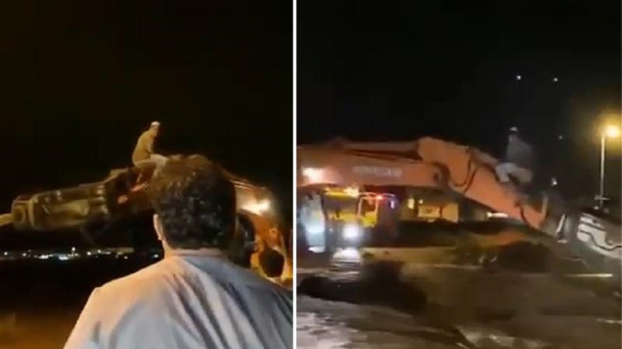 قائد مُعدة حفر ثقيلة ينقذ رجلا من سيول الباحة في مشهد بطولي (فيديو)