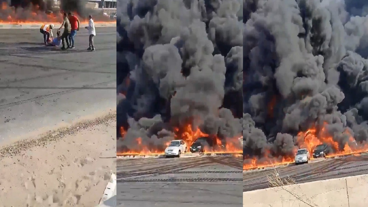 بالفيديو.. مشهد مروع لحريق هائل نتيجة انكسار ماسورة بترول في مصر