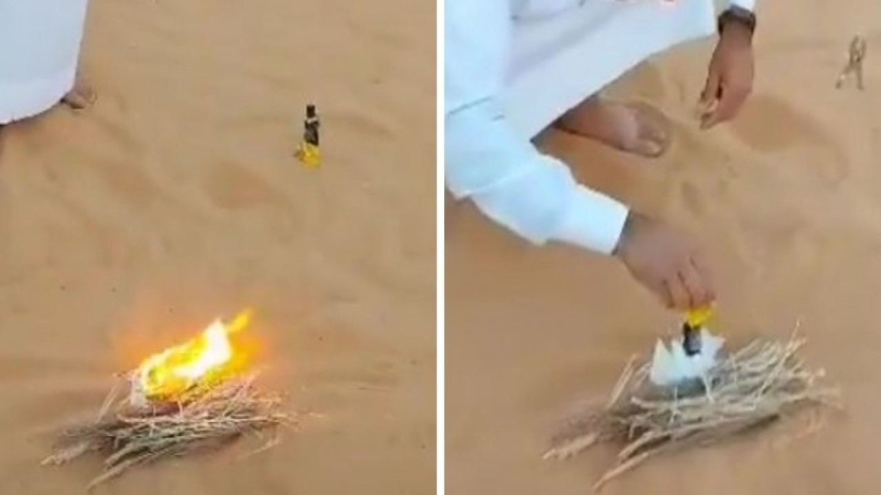 بالفيديو.. رجل يستخدم الرمال لإشعال النيران