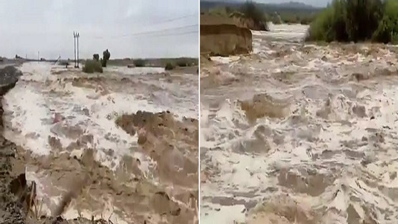 بالفيديو.. السيول الجارفة تسقط أعمدة الكهرباء على الطريق الدولي جنوب حلي
