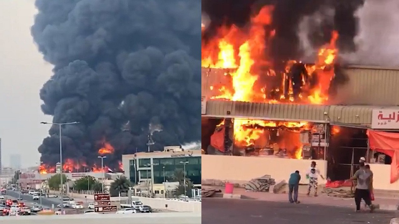 بالفيديو.. حريق هائل يلتهم سوقًا شعبيًا في الإمارات