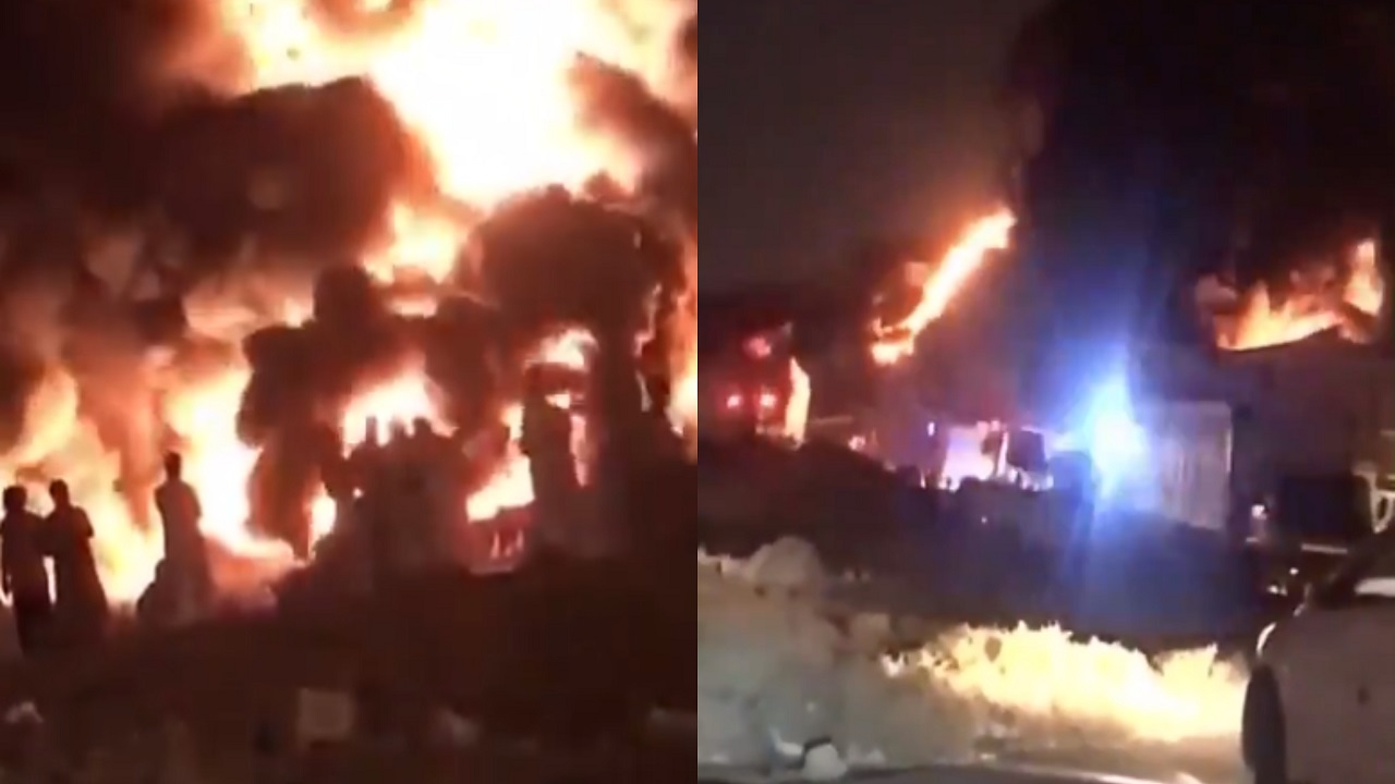 بالفيديو.. حريق ضخم في أحد المستودعات بالرياض