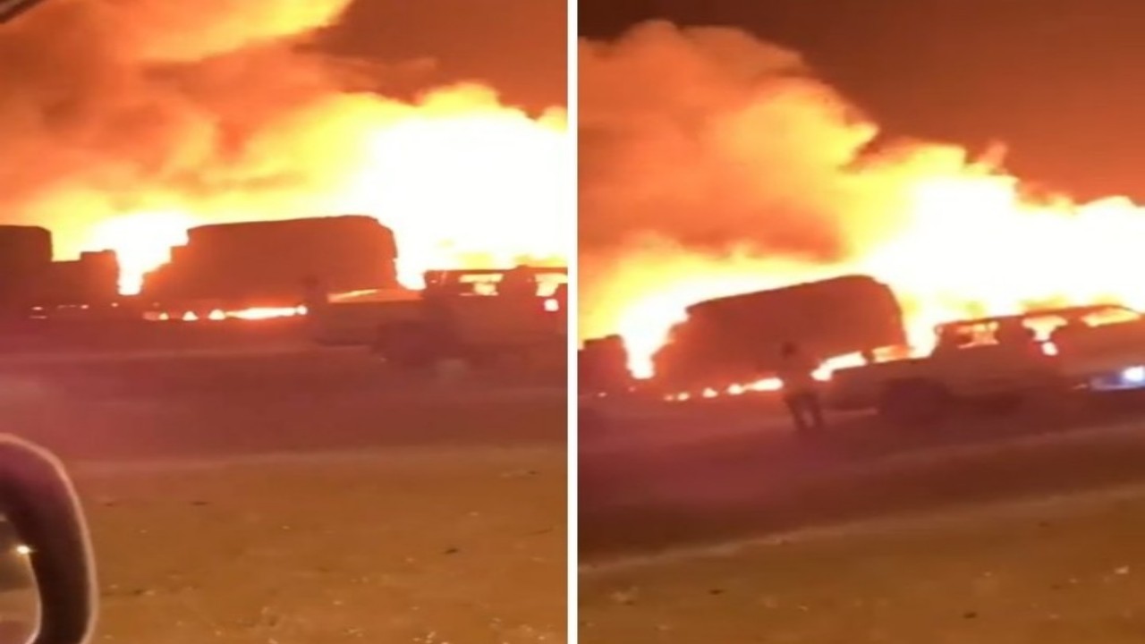 بالفيديو.. اندلاع حريق هائل في سوق أعلاف الماشية بحفر الباطن