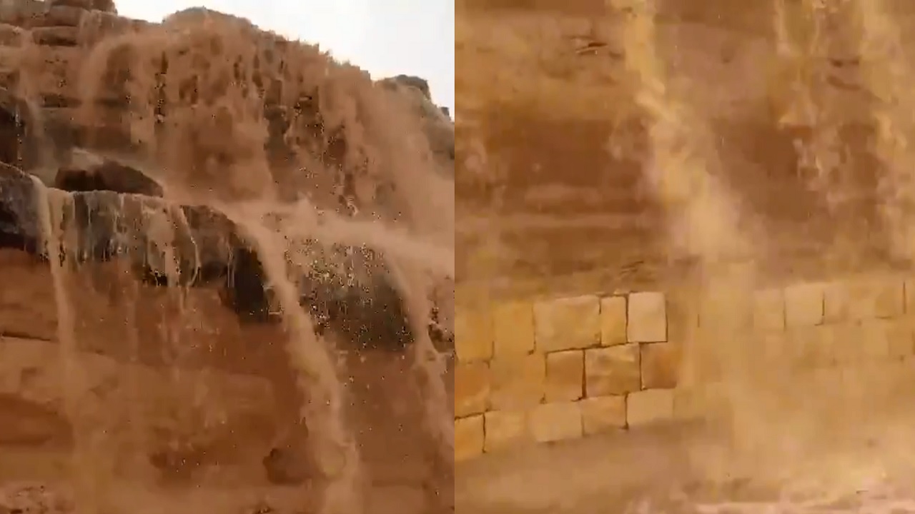 بالفيديو.. شلالات الأمطار تتساقط في عشيرة سدير الآن